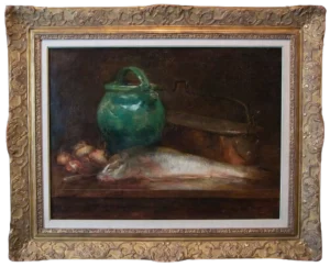 Joseph Auguste BRUNETTON"Nature morte au poisson et cruche verte"